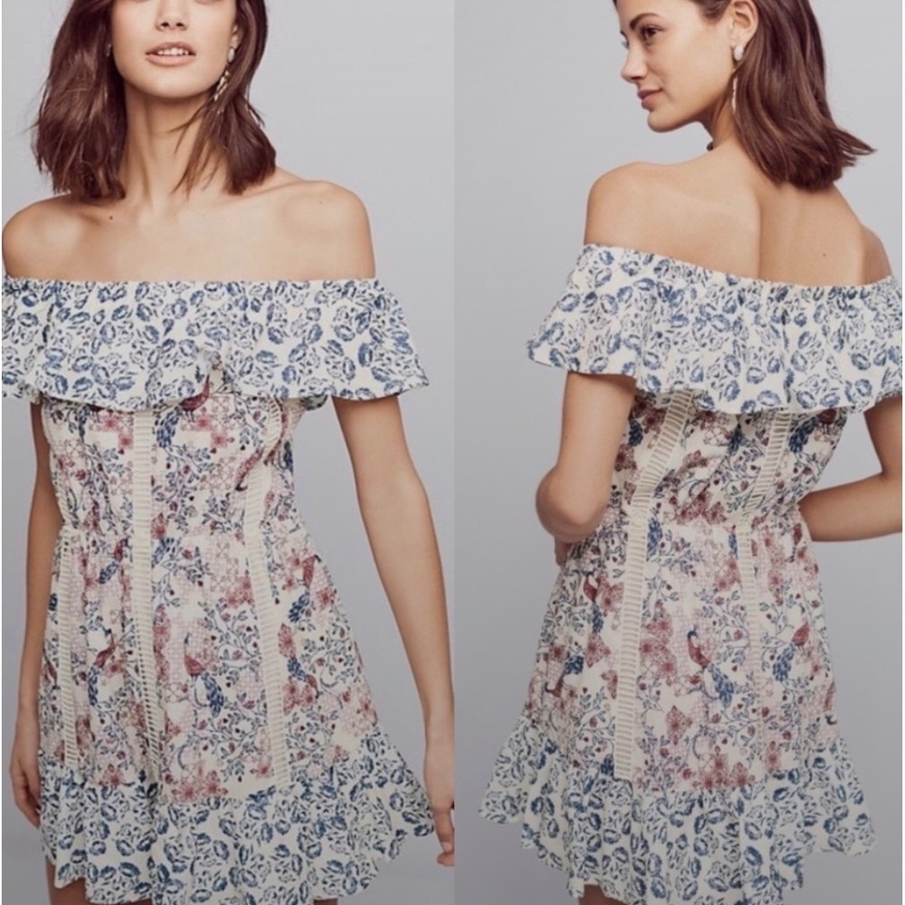 Tularosa Peacock Floral Off Shoulder Cotton Mini Dress White Blue Burgundy XL
